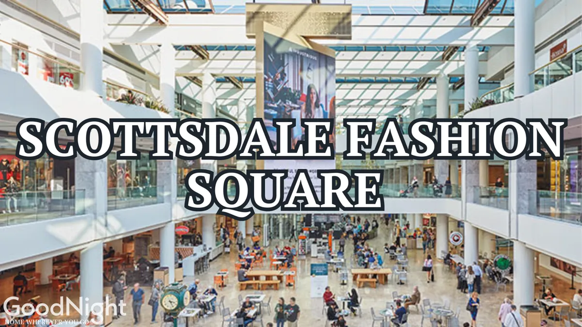 The interior of a modern shopping destination, featuring a central seating area surrounded by shopping outlets and a large digital screen. The vibrant scene is filled with people shopping, dining, and socializing, capturing the excitement of a premier retail experience.