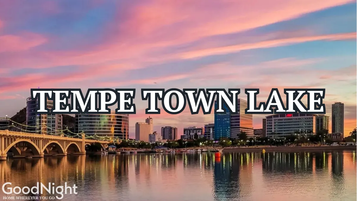 A tranquil exterior view of Tempe Town Lake at sunset, complete with the city skyline, bridges crossing the water, and families boating or walking along the waterfront. The mood is peaceful yet vibrant, hinting at outdoor recreation and family events.