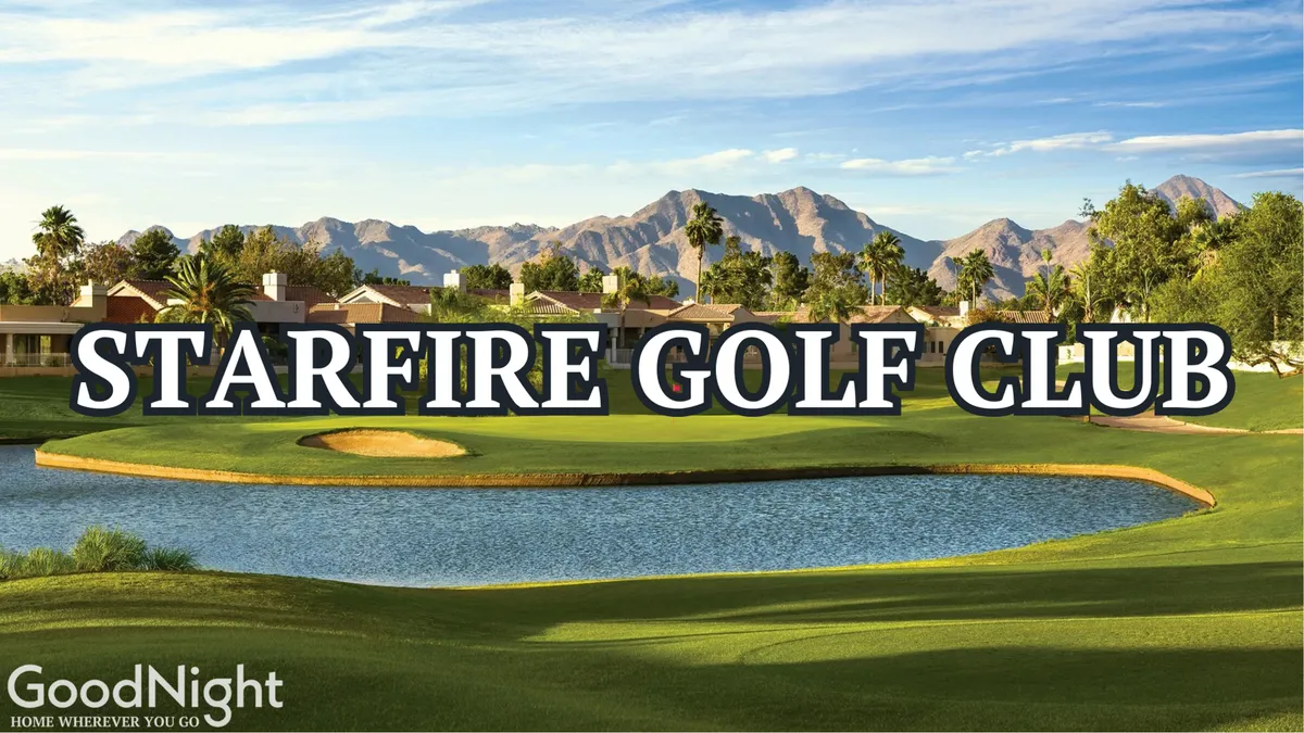 An inviting exterior scene featuring a lush golf course bordering a tranquil lake, framed by palm trees and mountains. The environment suggests opportunities for outdoor relaxation, group activities, and connection with nature.